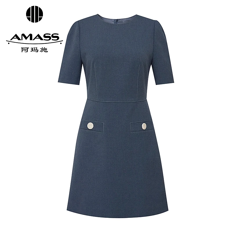 AMASS/阿玛施夏季新款爆款简约通勤收腰短款短袖纯色连衣裙550024