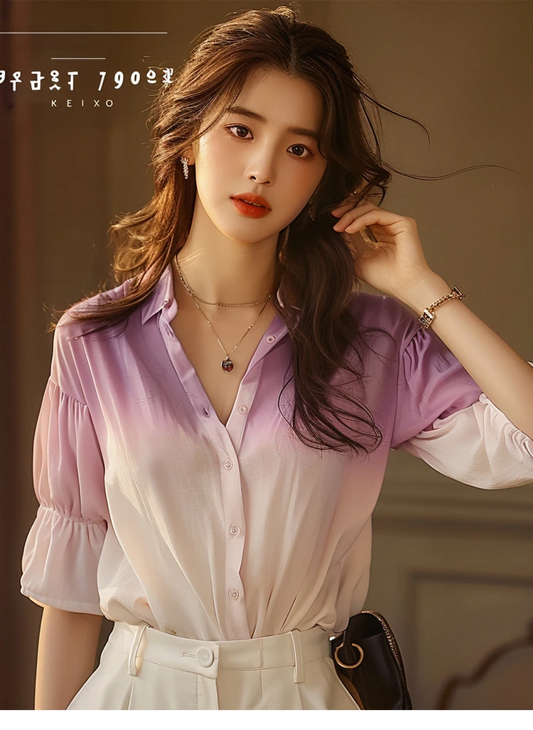今年流行漂亮渐变色泡泡袖衬衫夏季新款别致绝美复古港风chic上衣