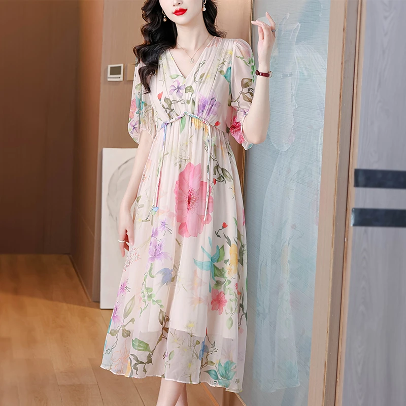 【浪漫繁花】桑蚕丝V领连衣裙女2025夏季新款宽松显瘦小香风连衣裙
