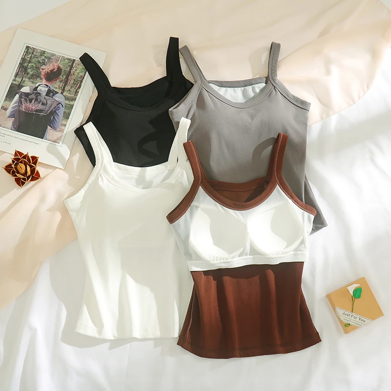 春夏新款一字带圆领吊带背心女士带胸垫一体式可外穿打底上衣