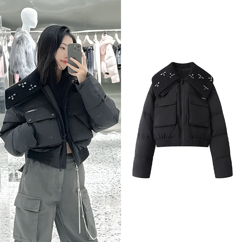 【范】2024冬季新品范设计师款钻饰针织大翻领短羽绒服外套A1185