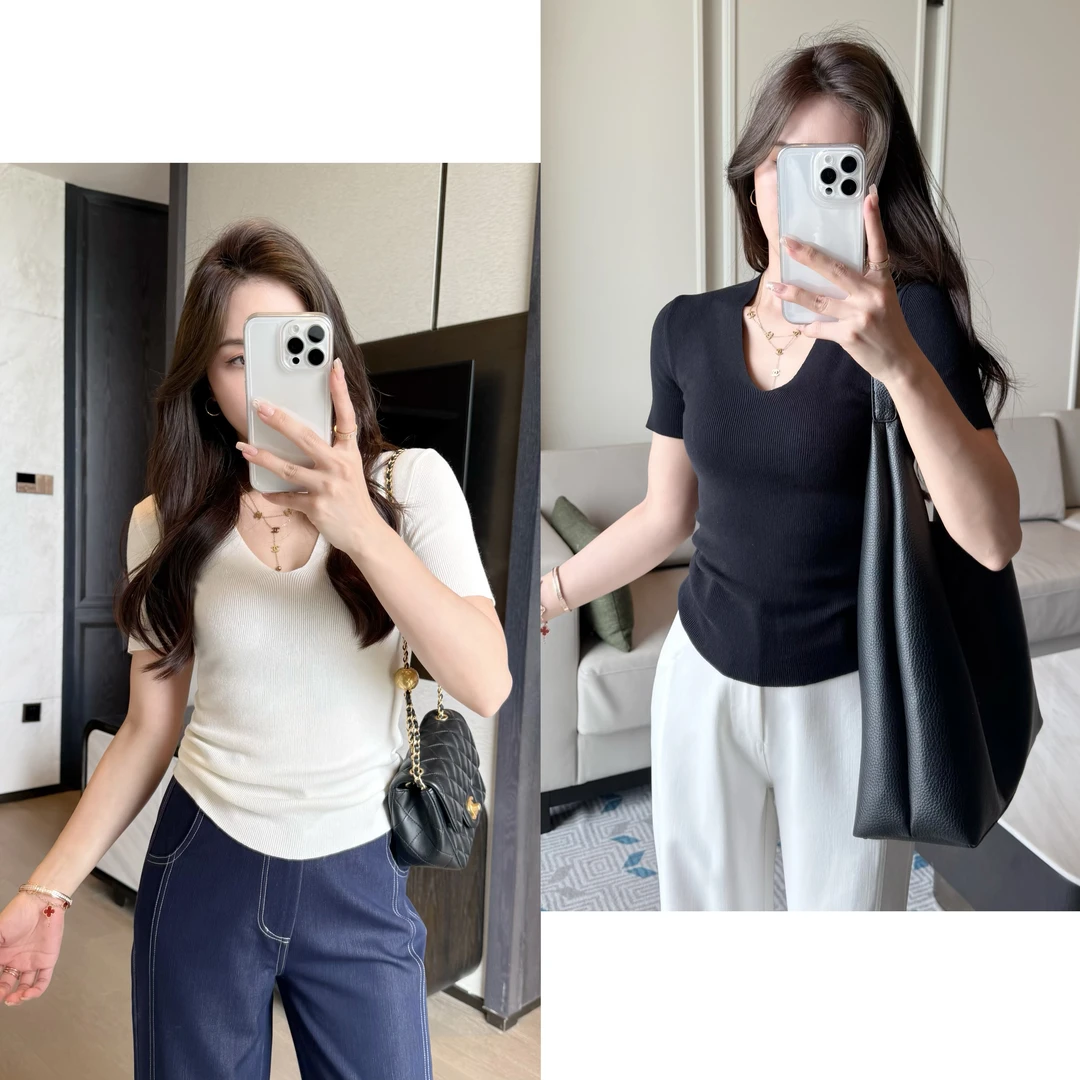 针织衫女2025新款设计感短袖夏季显瘦正肩v领T恤休闲型纯色修身