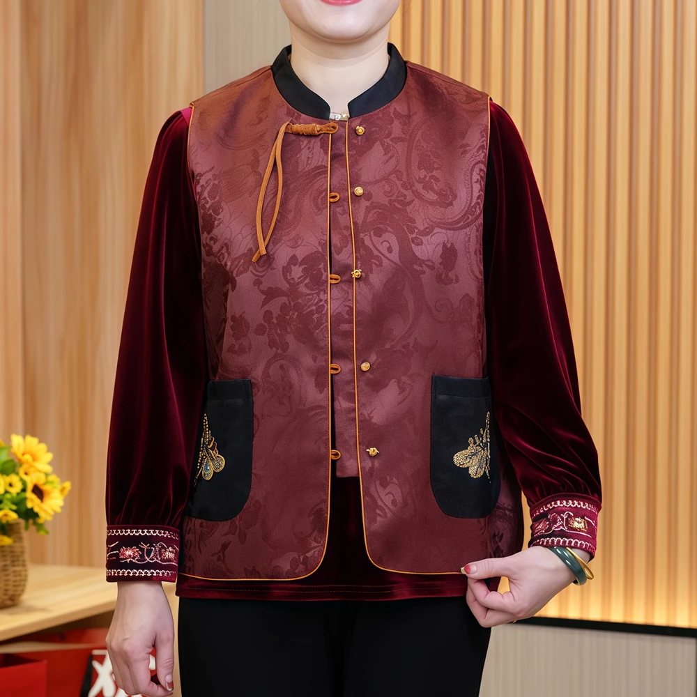 大码妈妈装撞色立领马甲女2025春秋新款中老年国风洋气刺绣背心
