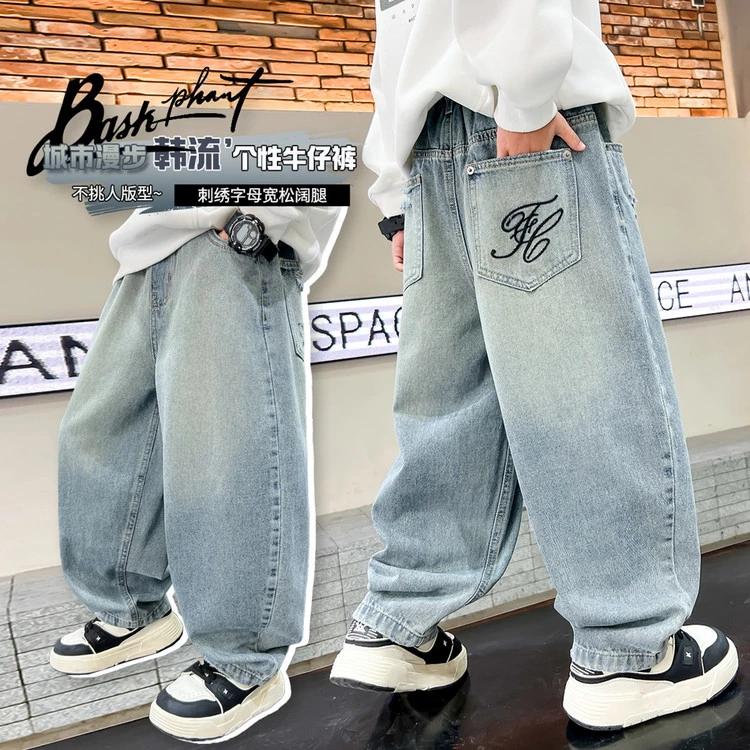 儿童牛仔裤春秋款中大童纯色刺绣直筒百搭宽松男童休闲裤洋气帅气