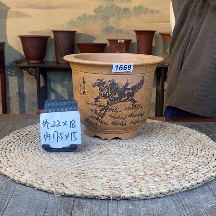 紫砂花盆  柴烧孤品骏马图刻绘金钟1669