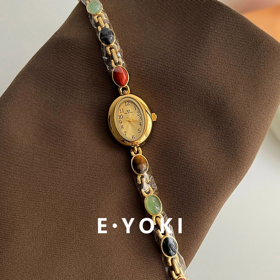 一柚七 彩色虎眼石数字椭圆金链条女士小众轻奢女款复古手表女632