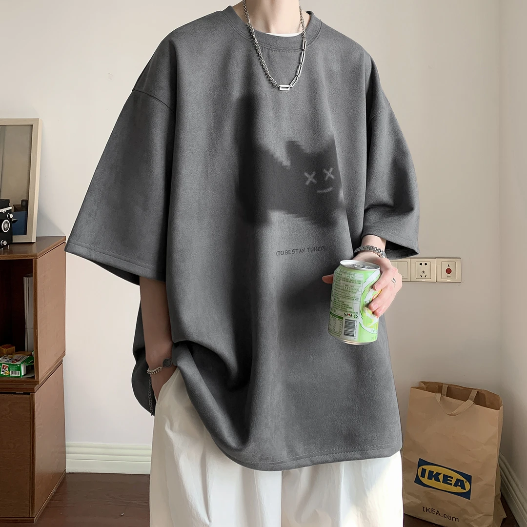 夏季短袖T恤男深灰猫咪仿麂皮绒重磅300g美式潮牌宽松情侣五分袖