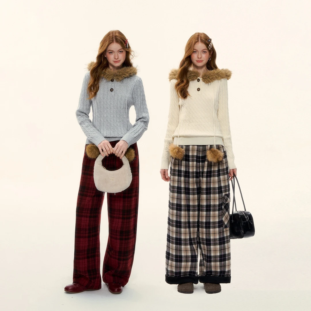 AsGony 混纺扭花设计连帽毛领套头针织衫设计感复古软糯上衣