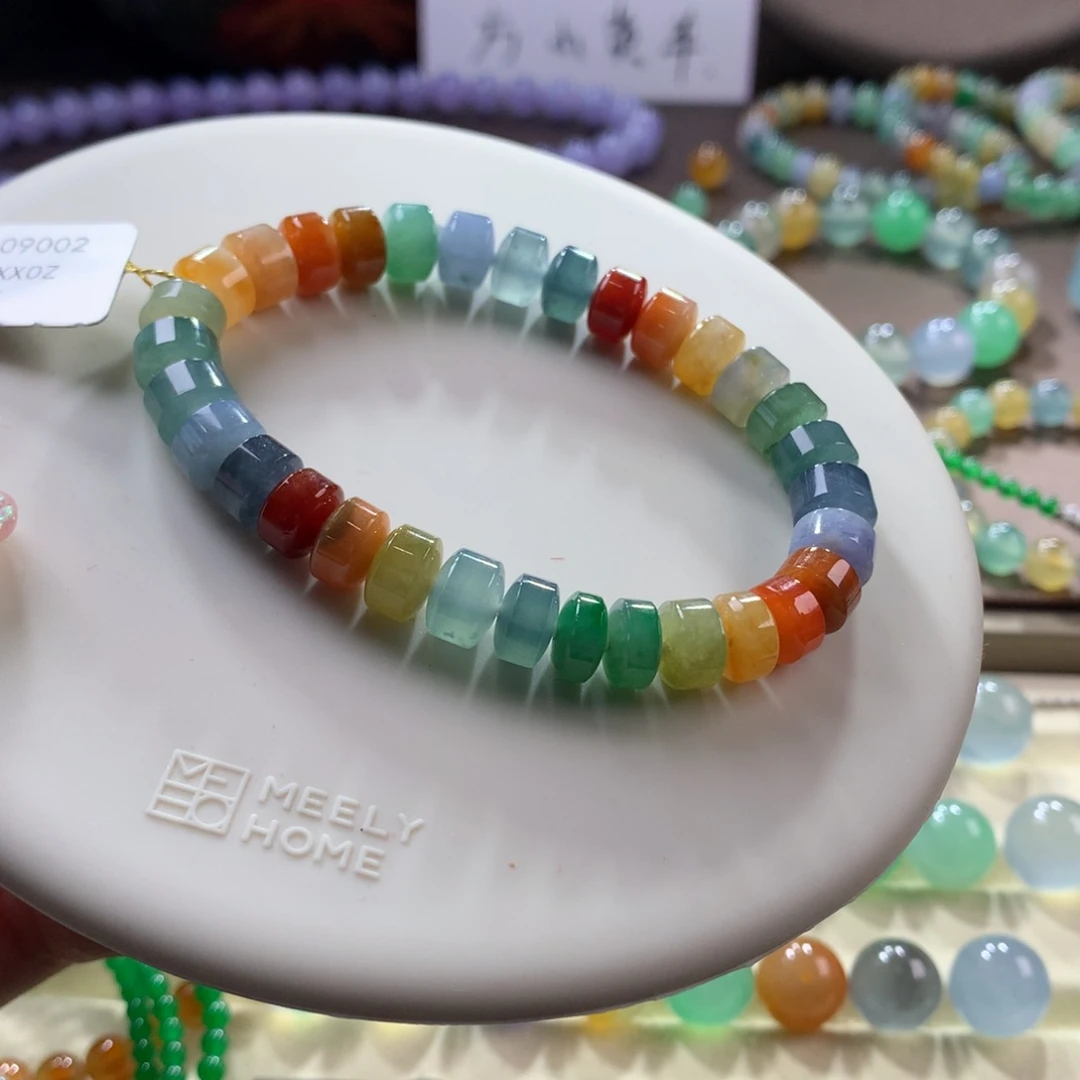 翡翠手链未镶嵌浓艳彩虹桶珠卡7.5