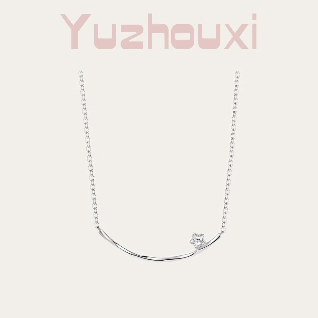 坠链均925银锆石  H2-098【925银纽结开口笑五角星白锆项链细链】