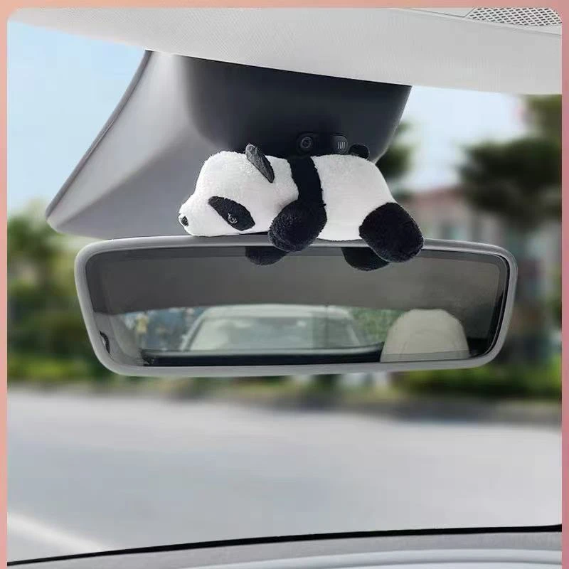 汽车摆件装饰中控台电瓶可爱摩托车毛绒熊猫创意玩偶公仔后视镜