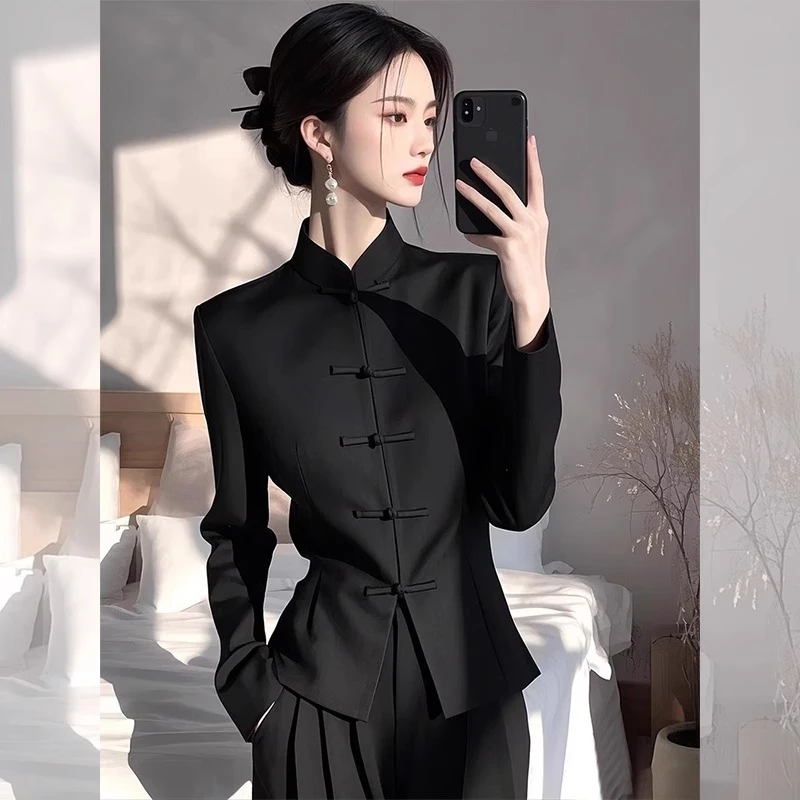 2025春季新款洋气高端别致轻奢新中式国风盘扣小衫黑色衬衫女