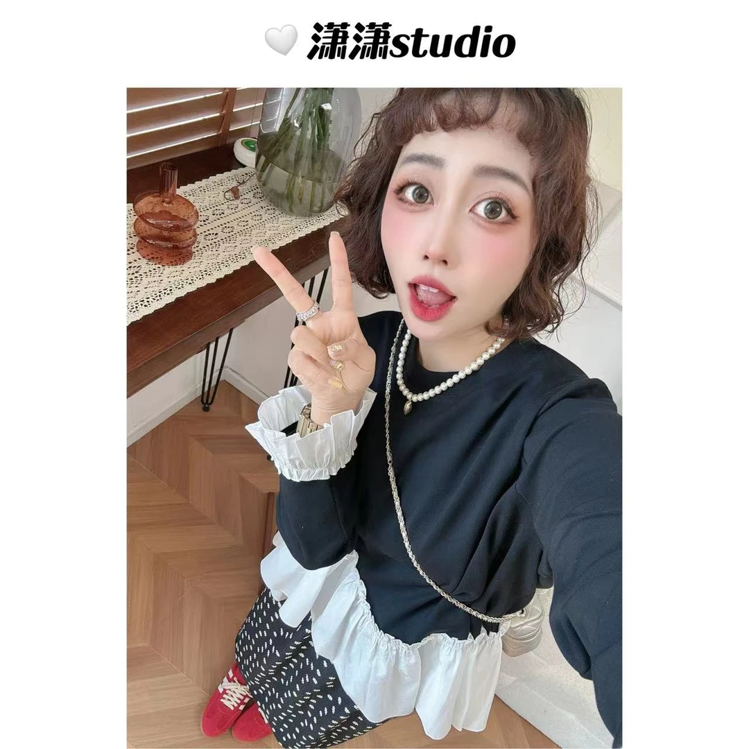 【安妮日记】潇潇定制弹力面料下摆拼接花边超显瘦韩版卫衣XS2361