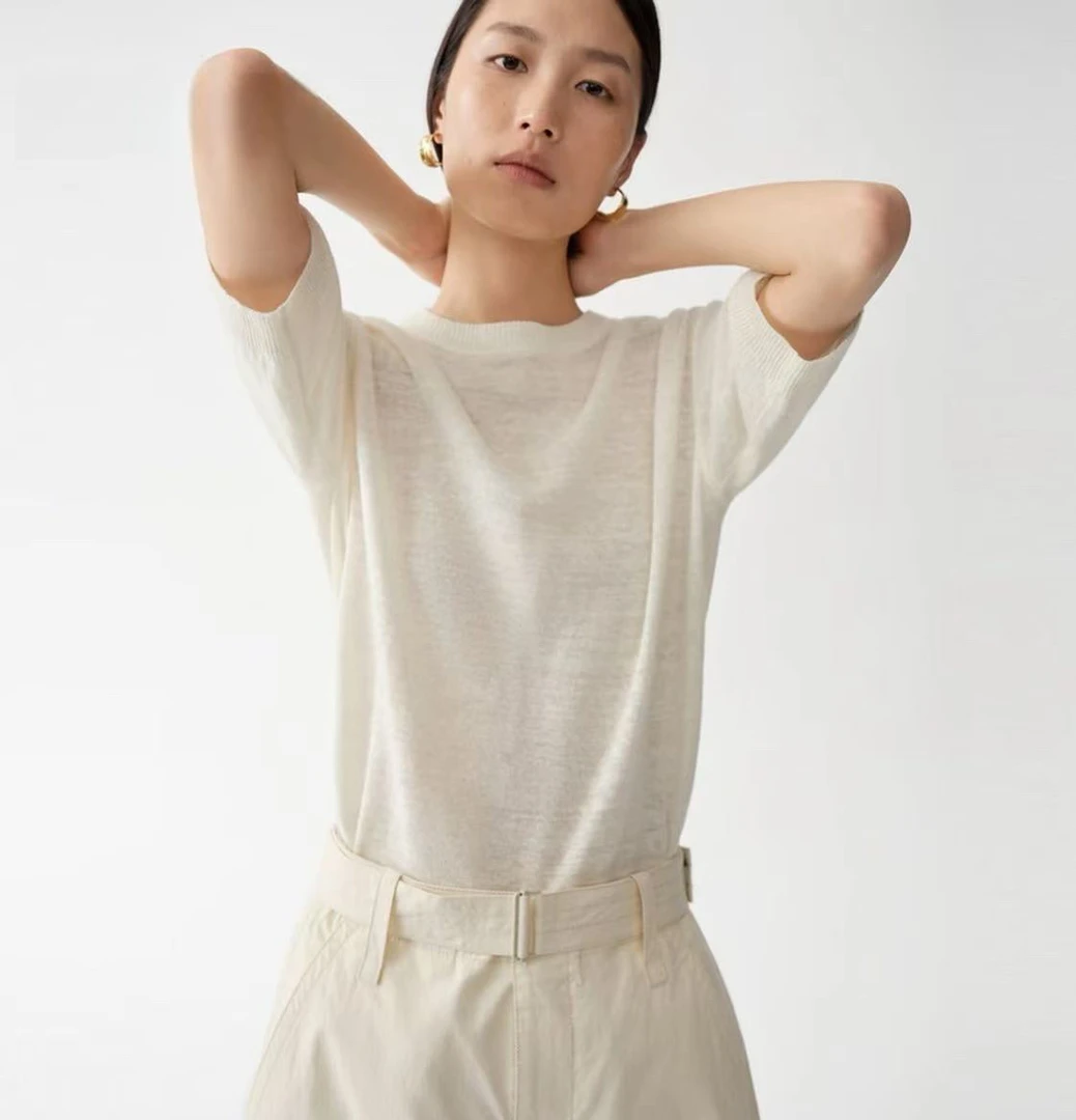 【商场同款】2025夏季新款进口亚麻针织插肩短袖刺绣上衣2738