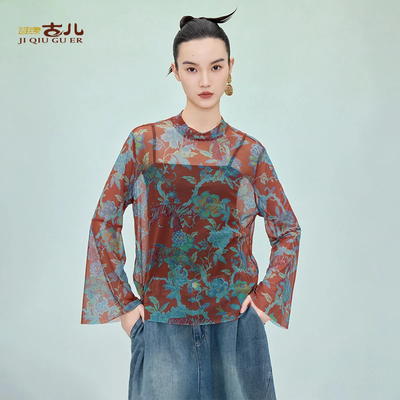 吉丘古儿春坞长袖T恤弹力网纱印花上衣复古时尚打底小衫G251Y036