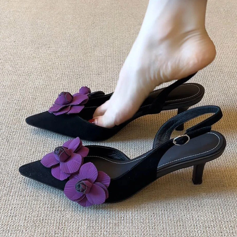牛皮版！法式绝美花朵包头凉鞋女2025新款尖头细跟高跟鞋气质单鞋