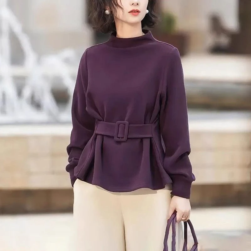 韩系时髦气质百搭高领长袖套头显瘦春秋新款腰带设计感收腰上衣女