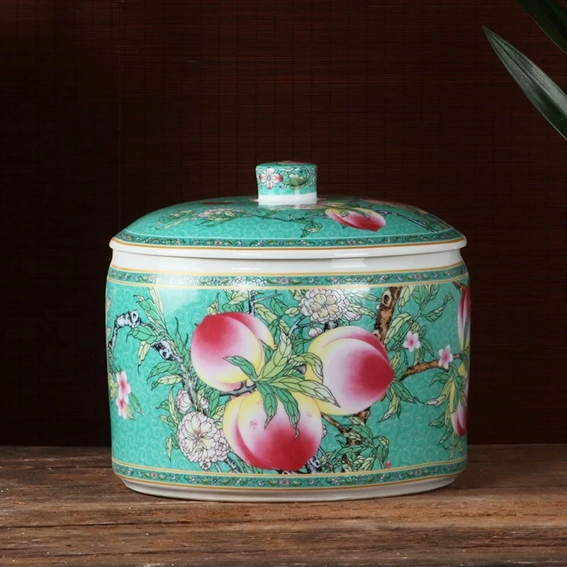 【袁氏瓷业】景德镇湖蓝寿桃储物罐+底座