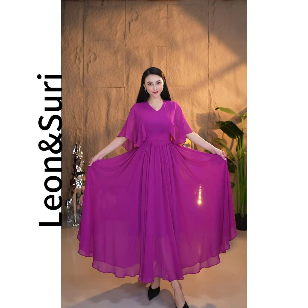 Leon&Suri “雾紫轻纱”新款显瘦收腰雅韵飘逸大裙摆连衣裙