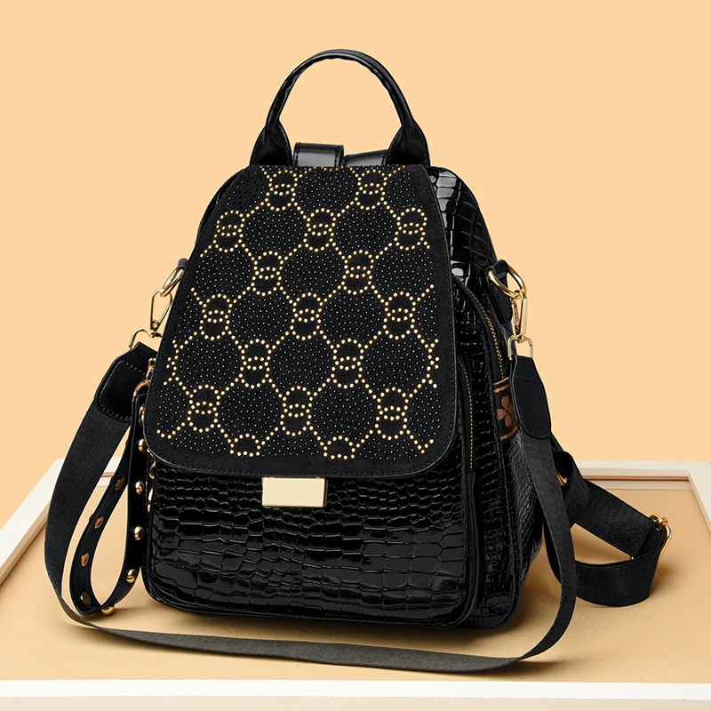 双肩包真皮质感2025新款多功能单肩包大容量爆款潮流烫钻旅游背包