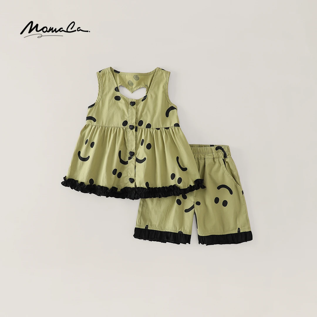 MOMOCO女童2025新款夏季甜美蝴蝶结花边背心纯棉套装77630580205