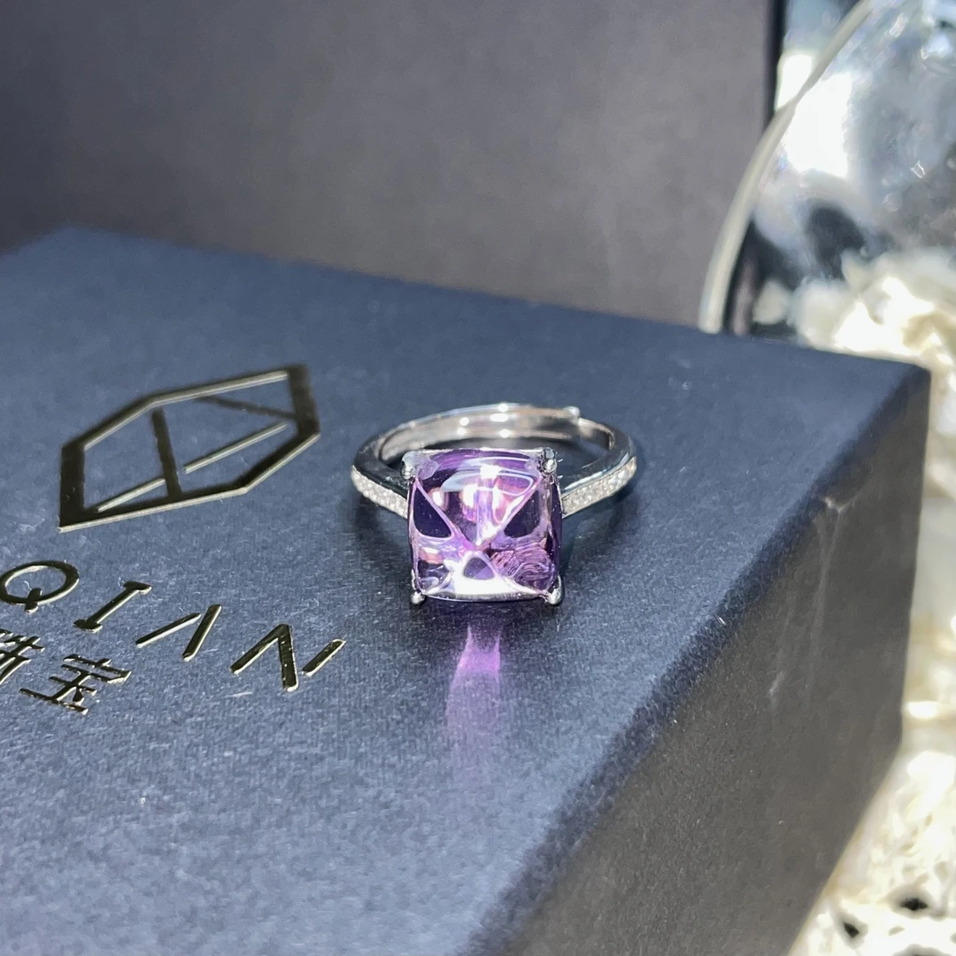 天然紫水晶糖塔切工女款戒指大克拉高级感s925银戒圈活口