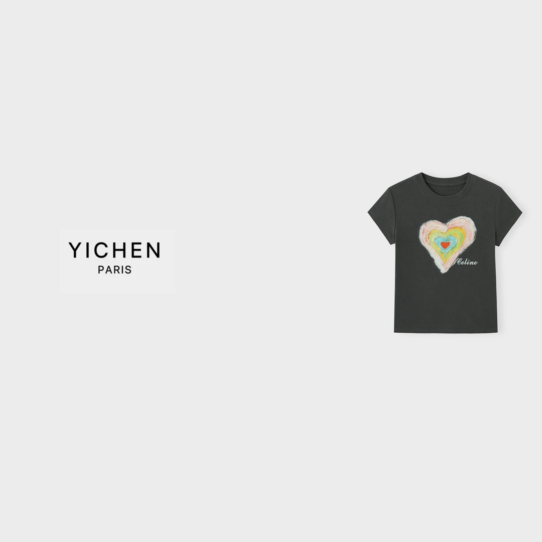 YC 彩虹爱心印花 ce 钉珠正肩收腰小飞袖T恤-3499