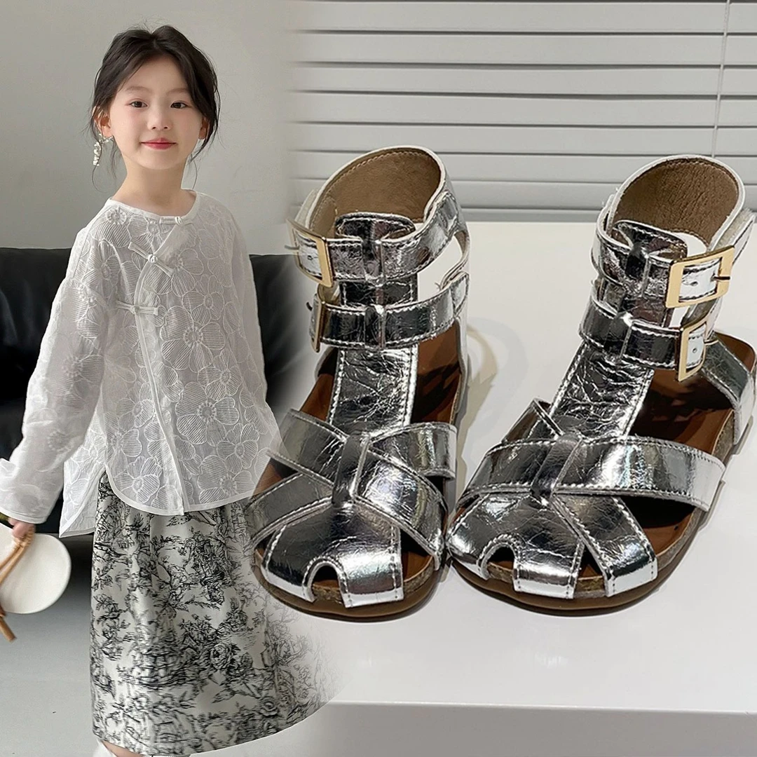 韩版童鞋2025女童夏季新款高帮交叉罗马凉鞋女孩公主鞋儿童沙滩鞋