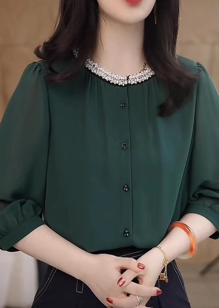 法式时尚祖母绿衬衫女夏季七分袖宽松显瘦气质设计感小众减龄衬衣