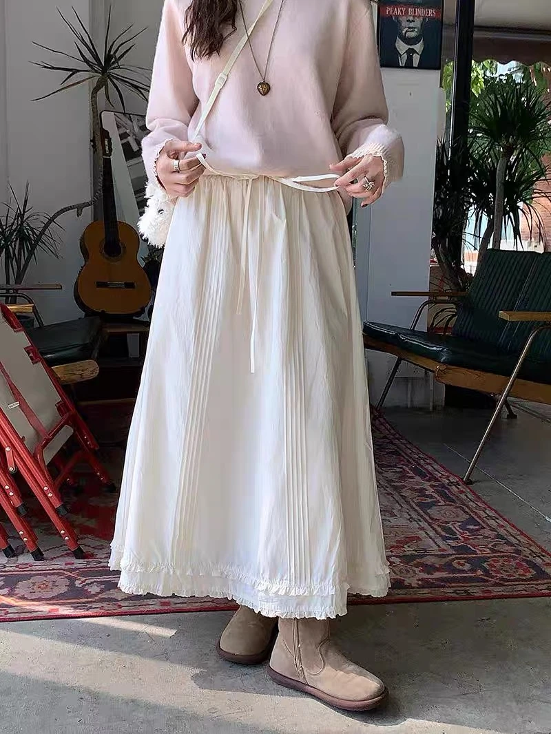 2025新款法式百搭甜美减龄中长裙木耳边松紧高腰绑带半身裙女