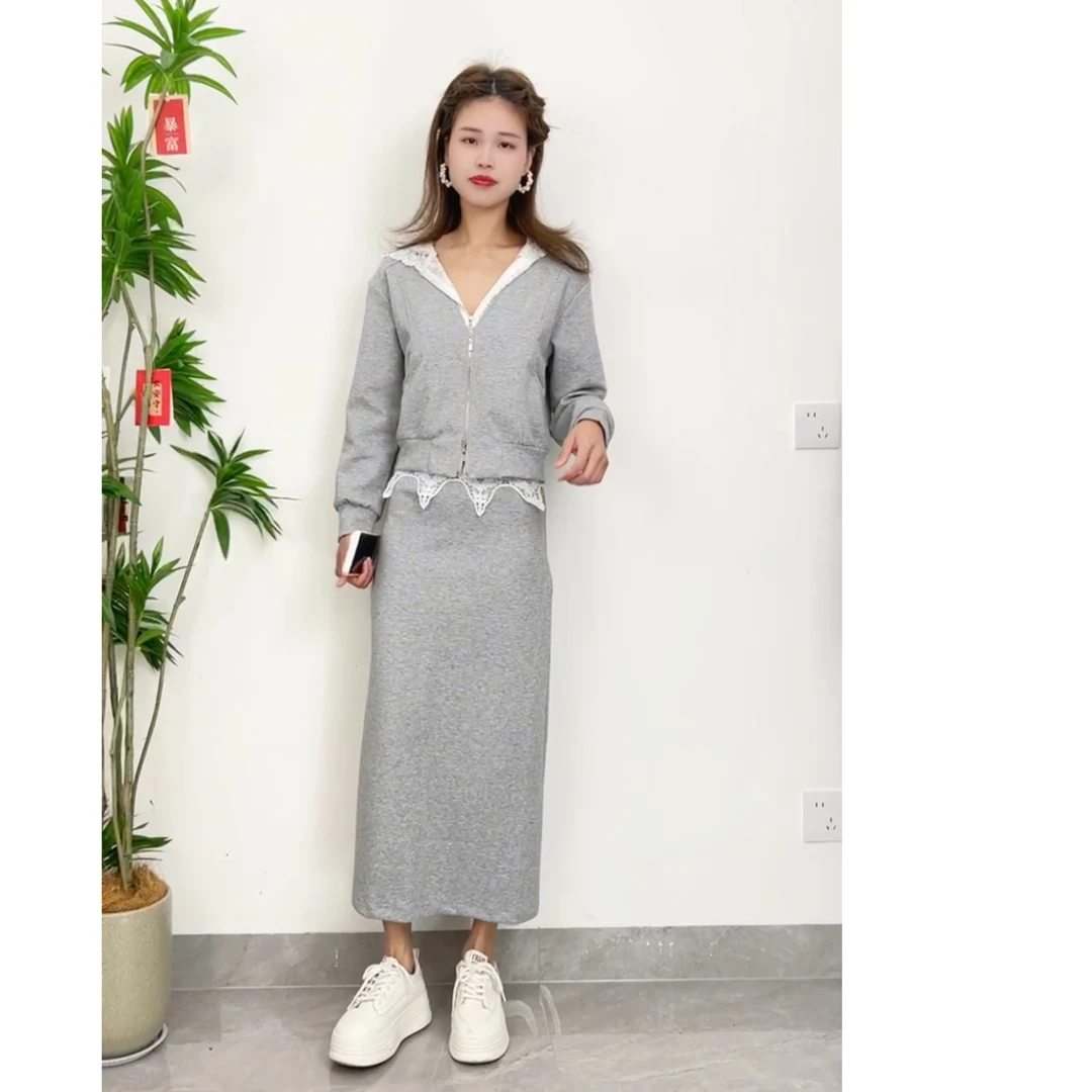 时尚蕾丝连帽卫衣搭半身裙两件套女2025春秋季新款洋气质减龄套裙