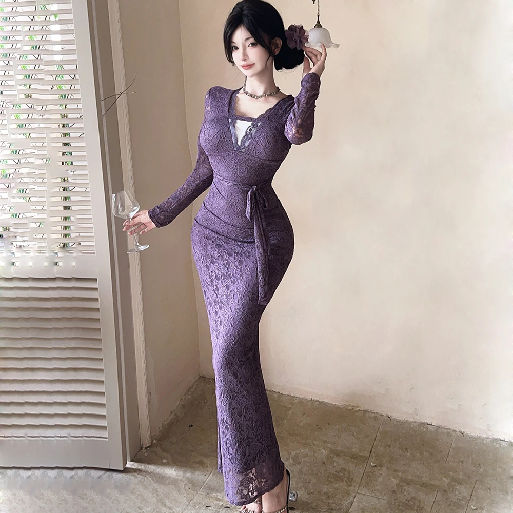 纯欲辣妹气质蕾丝拼接V领长袖连衣裙法式秋季名媛修身显瘦包臀裙