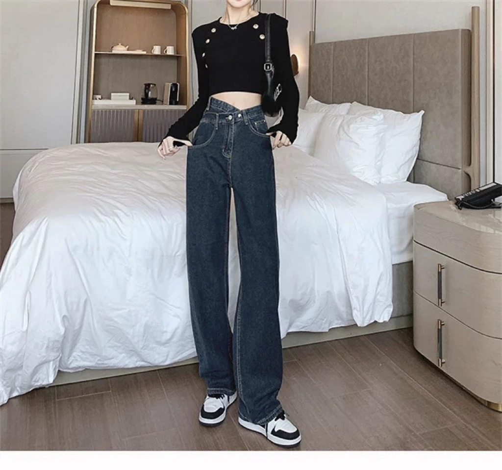 8854  斜扣设计款复古深蓝灰百搭显瘦阔腿牛仔裤（T01）