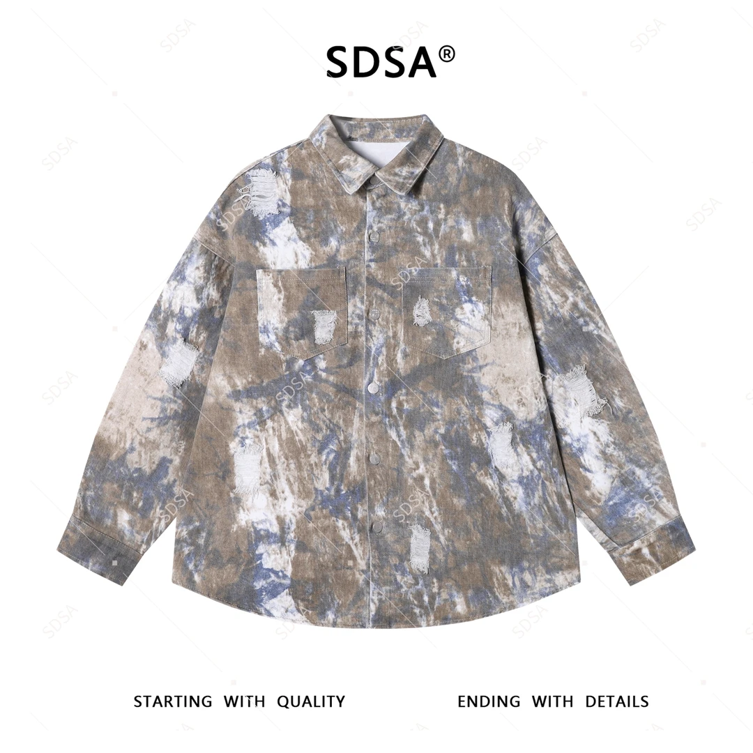 SDSA男士秋冬新款轻奢痞帅男装复古扎染水洗纽扣长袖衬衫百搭潮