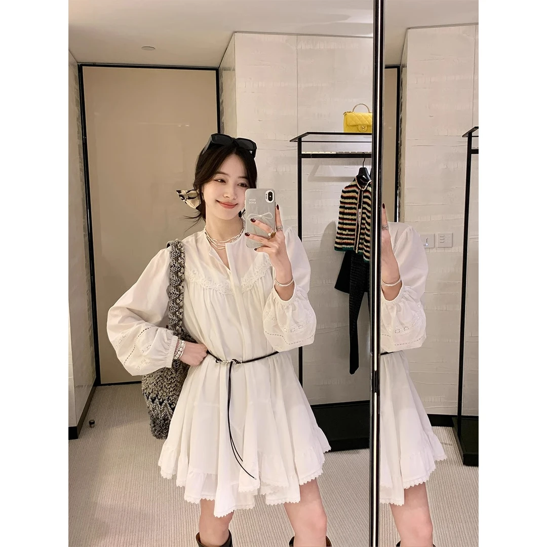 【气质穿搭】白色不规则蕾丝短裙设计感A字连衣裙女圆领时尚小白裙