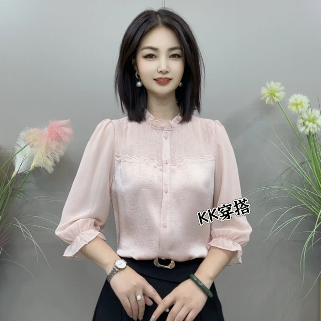【KK】YBB2521春夏新款小花边领喇叭七分袖款气质百搭衬衫