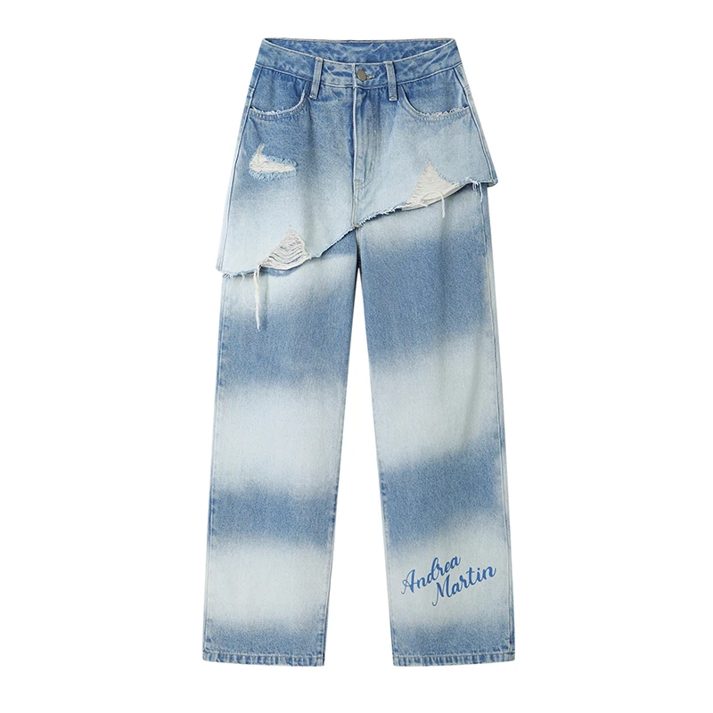 Andrea Martin2025春秋新款牛仔裤女破洞条纹宽松裤子设计感长裤