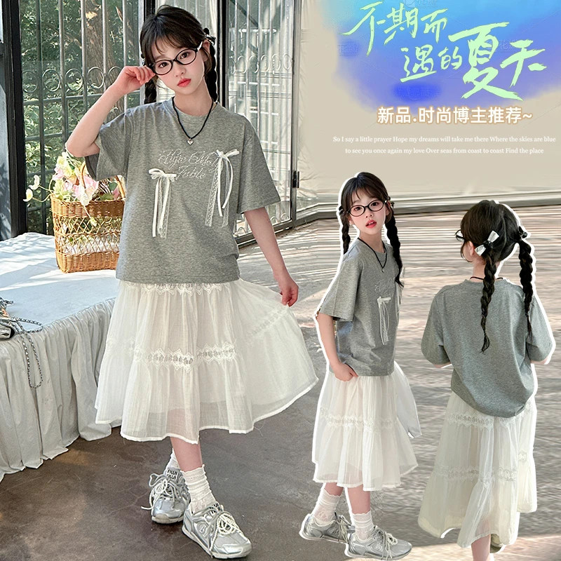 女童半身裙甜美夏季蝴蝶结中大童洋气网红时尚纯棉T6-15岁两件套