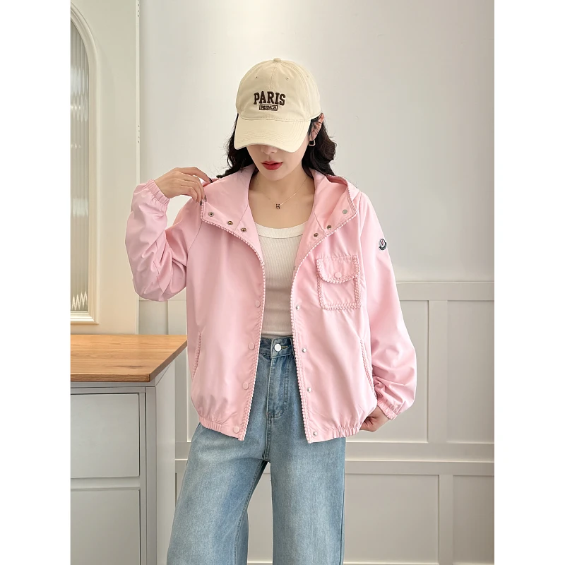 【水蜜桃】早春定制钩编针织边饰连帽夹克外套小个子女士棒球服上衣