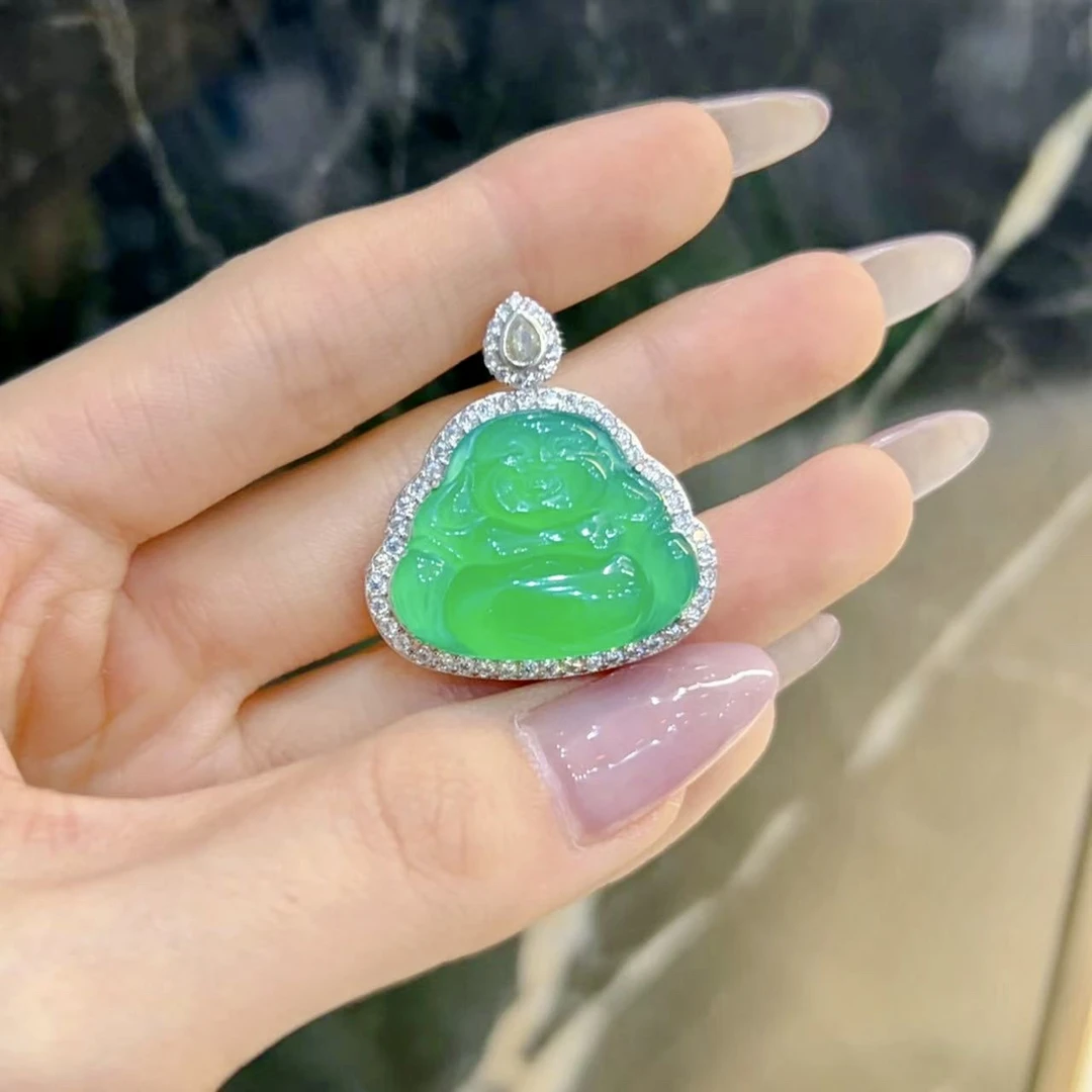 绿玉髓 白顶冰阳绿佛公吊坠