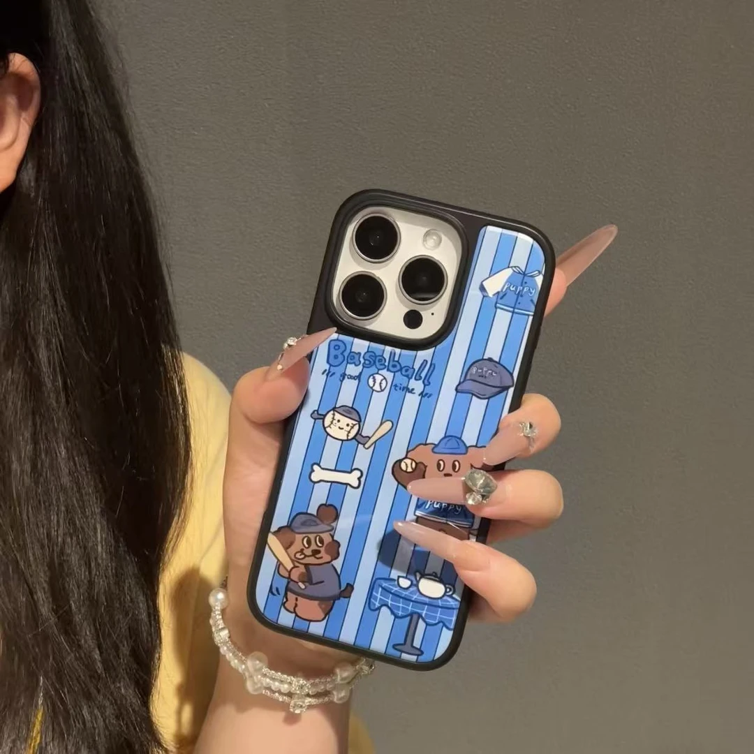 条纹棒球狗适用苹果17pro小众晶瓷手机壳iPhone14磁吸硬防摔高级