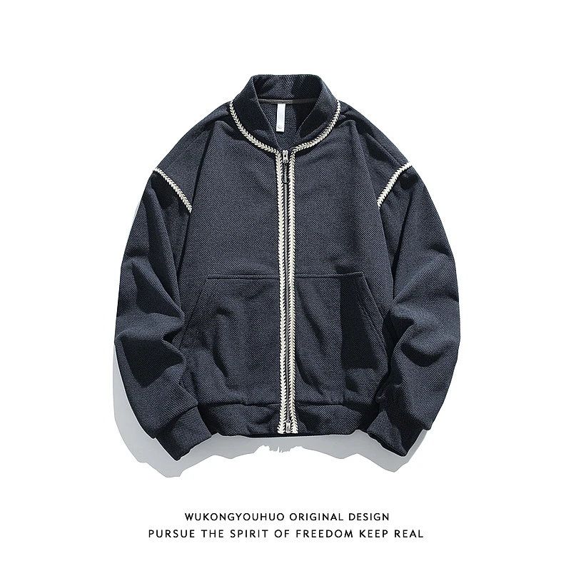悟空有货美式拼接撞色高级感棒球领外套男女复古宽松情侣休闲夹克
