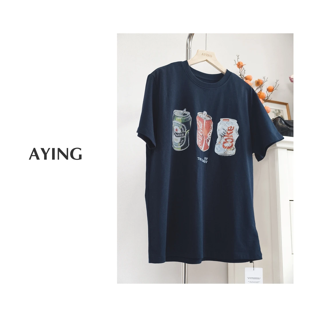 AYING  女士夏季  易拉罐印花  圆领时尚纯色短袖T恤