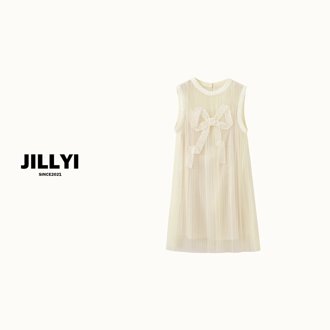 JILLYI南山店【日落锡兰】白色圆领网纱时尚小众连衣裙公主