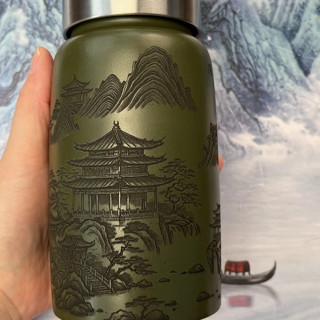 原矿绿泥车载杯刻绘精品户外便携运动泡茶杯