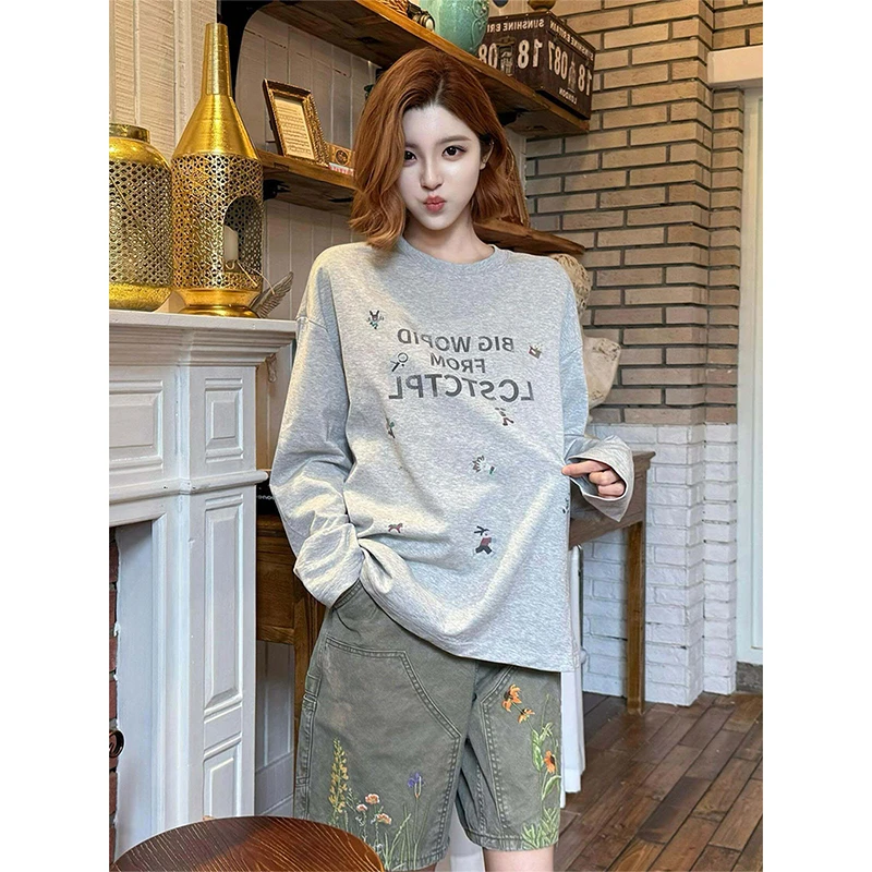 美式复古圆领长袖女早秋字母印花纯棉灰色t恤学院风休闲套头上衣