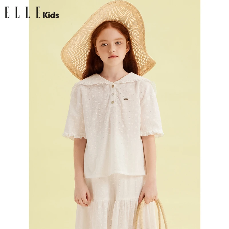 6174 ELLE KIDS法式绣花海军领短袖女儿童夏季新品水手风百搭A2