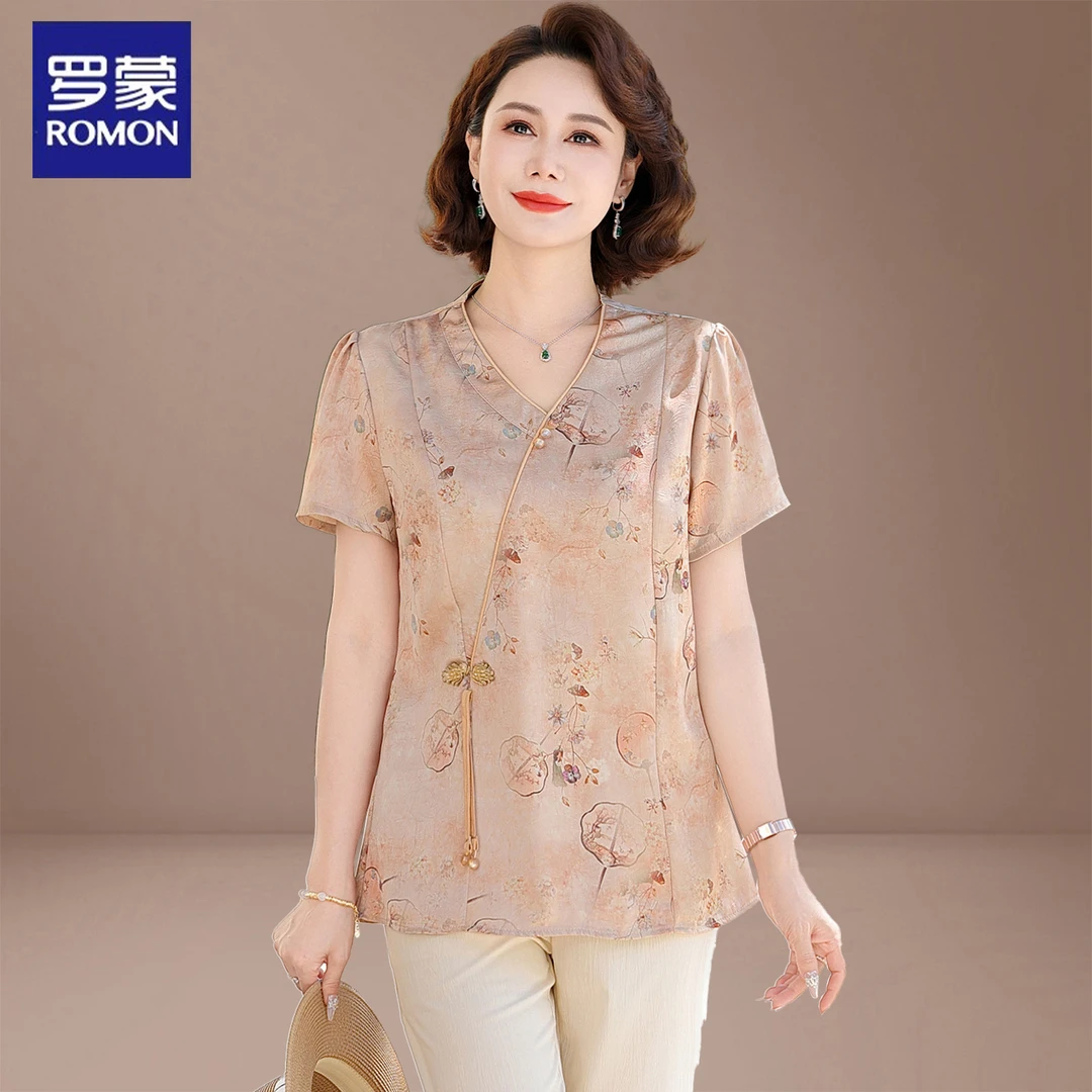 罗蒙五十多岁妈妈夏装雪纺小衫端庄大气中老年女夏季套装品牌上衣