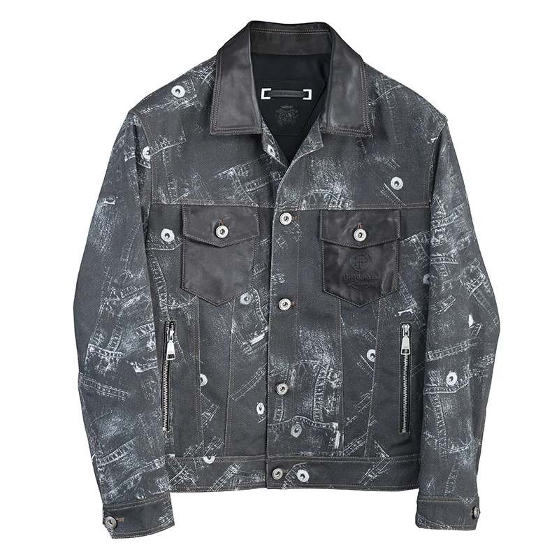 [年终专享]潮牌真皮拼布牛仔衣印花外套长袖翻领男士春秋