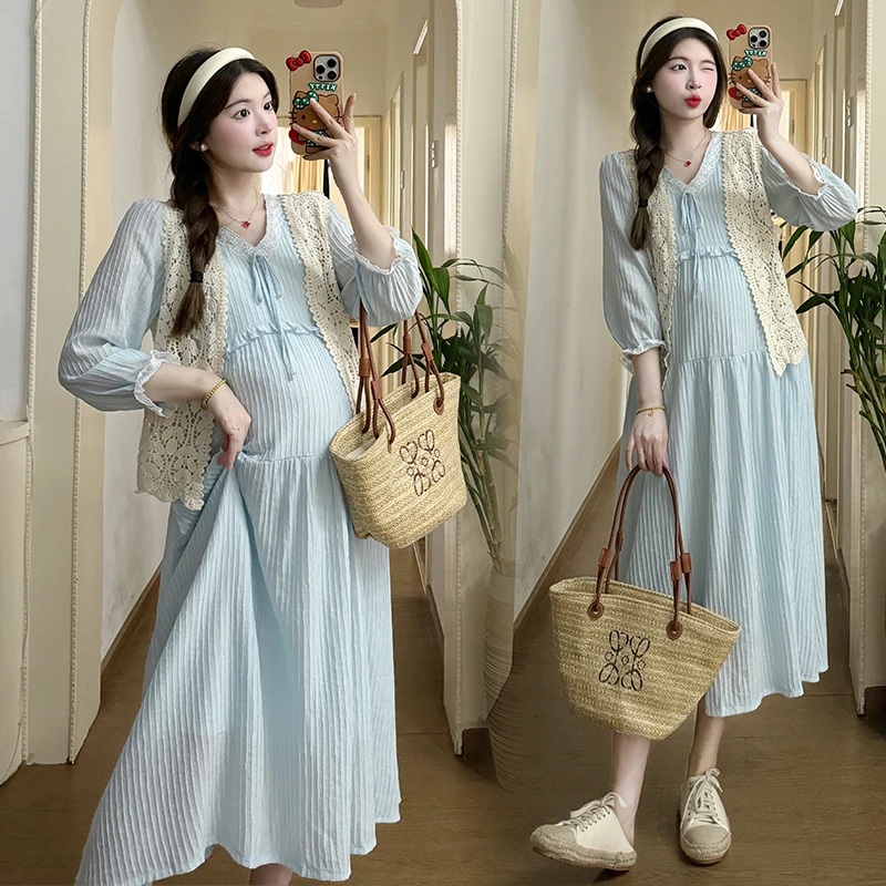 2025春季法式V领温柔仙气连衣裙+蕾丝马甲孕妇两件套春秋显瘦长袖